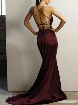 Criss Cross Straps Burgundy Mermaid V-Neck Elastic Satin Prom Dress