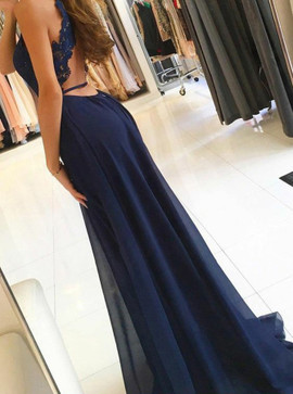 Lace Split Navy Blue Chiffon A-Line Halter Prom Dress