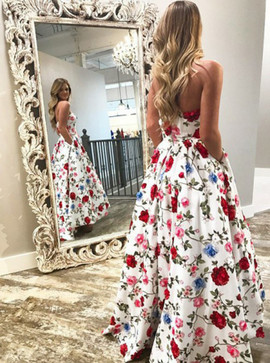 High Low Ankle Length White Floral Satin Ball Gown Strapless Prom Dress