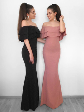 Ruffles Black Elastic Satin Mermaid Off-the-Shoulder Evening Prom Dress 