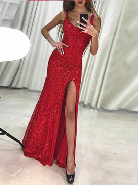Beading Sheath Scoop High Split Red Lace Prom Dress