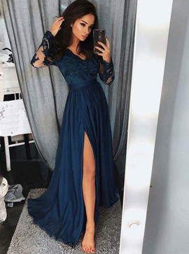  Appliques Beading V-Neck Navy Blue Chiffon  Long Sleeve Evening Prom Dress 