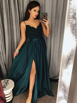 Hunter Green A-Line Spaghetti Straps Elastic Satin Prom Dress