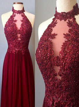 Beading See Trough Chiffon A-Line Halter Burgundy Prom Dress 