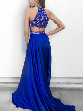 Cutout A-Line Beading Royal Blue Elastic Satin Prom Dress 