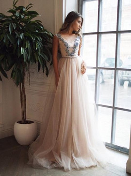 Illusion See Through Appliques Pearl Pink Long Backless Prom Dress 