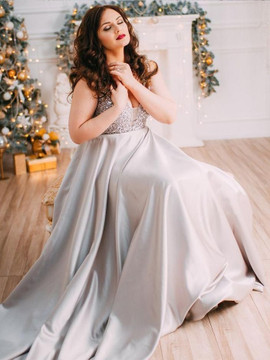 Beading Deep V-Neck Silver Floor-Length Prom Dress