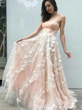 Flower Long A-Line Sweetheart Champagne Prom Dress With Appliques