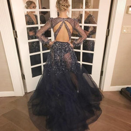 A-Line V-Neck Navy Blue Long Sleeve Sparkle Prom Dress 