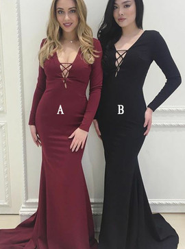 Long Sleeves Burgundy Elastic Satin Mermaid V-Neck Evening Prom Dress