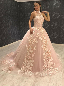 Appliques Ball Gown Halter Long Pink Tulle Prom Dress