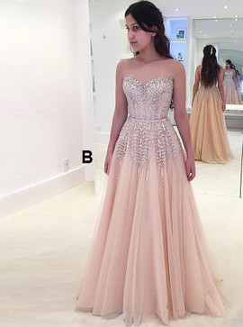 Beading Detachable Train A-Line Sweetheart Pearl Pink Tulle Prom Dress with 