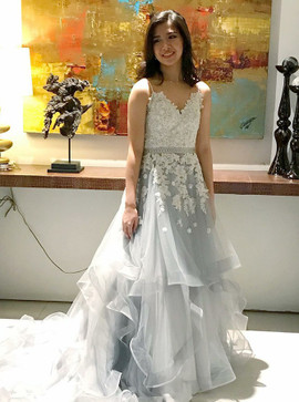 Appliques Beading Spaghetti Straps Asymmetry Grey Tulle Prom Dress 
