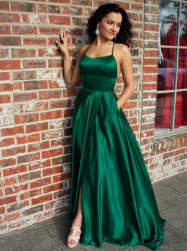 A-Line Spaghetti Straps Split Pocket Green Elastic Satin Prom Dress 