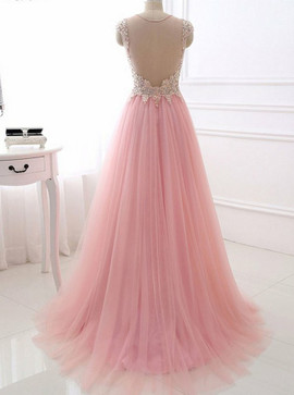 Sequins Beading See Through Back A-Line V-Neck Pink Tulle Prom Dress