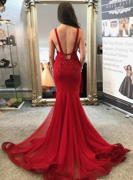 Mermaid V-Neck Red Beading Elastic Satin Prom Dress