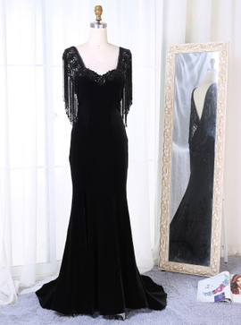 Appliques Tassels Mermaid Scoop Black Velvet Prom Dress