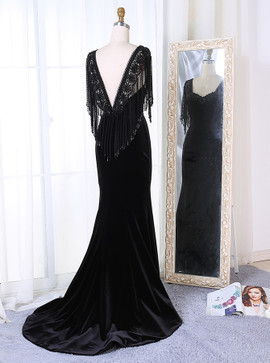 Appliques Tassels Mermaid Scoop Black Velvet Prom Dress