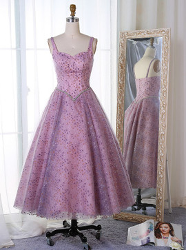Lace Beading A-Line Straps Mid-Calf Lavender Tulle Prom Dress