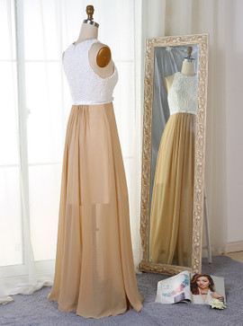 Long A-Line Lace Champagne Chiffon Prom Dress