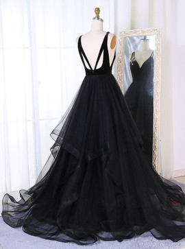 Open Back A-Line V-Neck Long Pleated Tiered Black Tulle Prom Dress