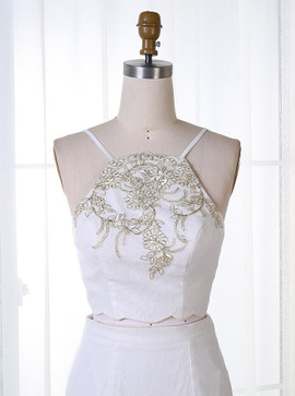 Embroidery White Lace Two Piece Mermaid Spaghetti Straps Prom Dress