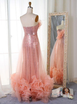 Mermaid  Flowers Spaghetti Straps Rose Gold Peach Sequin Prom Dress