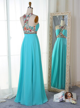 Embroidery Flowers A-Line Turquoise Chiffon Prom Dress with 
