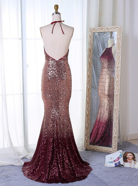 Mermaid Halter Backless Burgundy Sparkle Sequin Prom Dress