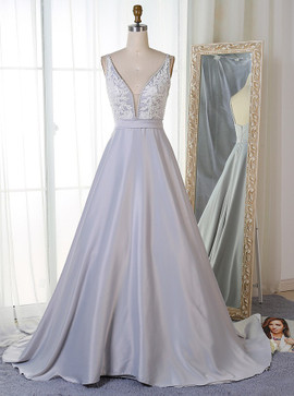 Pearls Appliques A-Line V-Neck Long  Grey Satin Prom Dress 