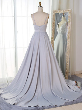 Pearls Appliques A-Line V-Neck Long  Grey Satin Prom Dress 