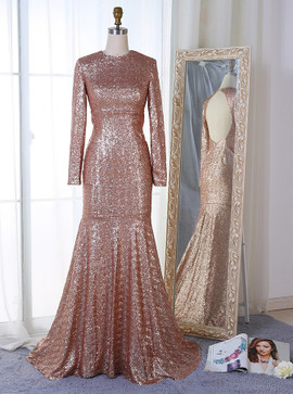 Mermaid Backless Long Sleeves Open Back Sequin Prom Dress