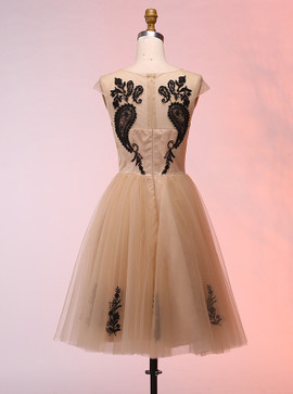 Cute Appliques Short Champagne Tulle Homecoming Dress 