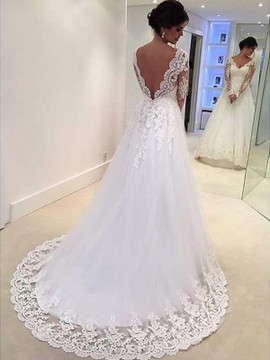 Shop New Arrival V-neck Long Sleeves Lace Ball Gown Tulle Wedding Dress with 70 off!