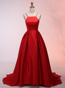 A-Line Spaghetti Straps Zipper Back Red Satin Prom Dress