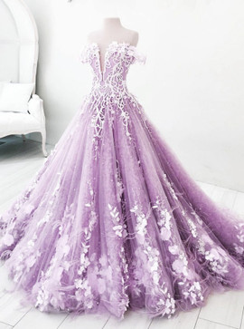 Beading Lavender Tulle Appliques Ball Gown Off-the-Shoulder Prom Dress 