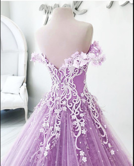 Beading Lavender Tulle Appliques Ball Gown Off-the-Shoulder Prom Dress 
