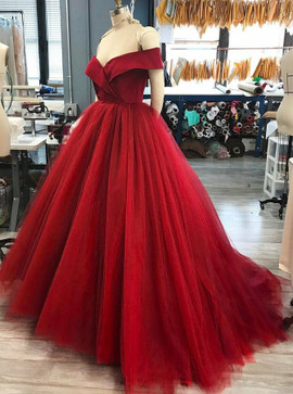 Ruffle Ball Gown Off-the-Shoulder Long Red Tulle Prom Dress
