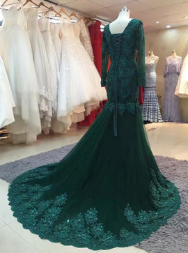 Long Sleeves Appliques Mermaid V-neck  Green Tulle Prom Dress
