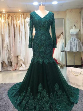 Long Sleeves Appliques Mermaid V-neck  Green Tulle Prom Dress