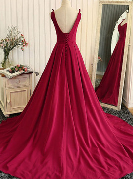 V-Neck Long Lace-up Elastic Satin Burgundy Prom Dress