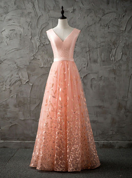  Beading A-Line V-Neck Long Peach Lace Prom Dress 