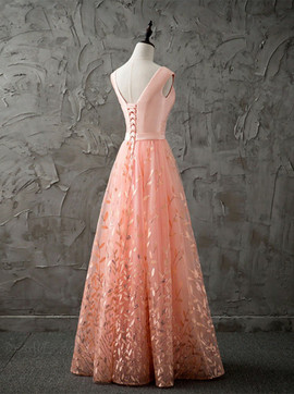  Beading A-Line V-Neck Long Peach Lace Prom Dress 