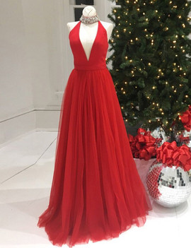 Beading Tulle A-Line Halter Long Red Prom Dress