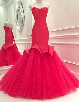 Ruffles Mermaid Sweetheart Red Long Prom Dress 