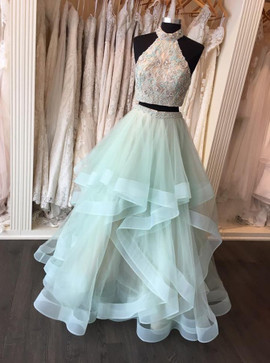 Two Piece High Neck Appliques Beading Open Back Mint Organza Prom Dress