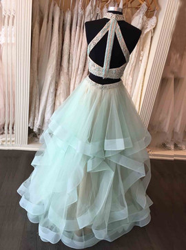 Two Piece High Neck Appliques Beading Open Back Mint Organza Prom Dress
