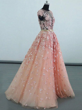 Sequins Appliques A-Line Bateau Long Peach Tulle Prom Dress