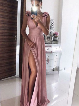 Split Blush Ruched Stylish V-neck Prom Dress Flowers
