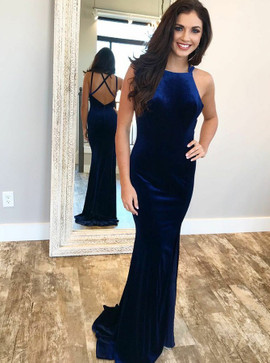 Mermaid Square Long Royal Blue Velvet Backless Prom Dress